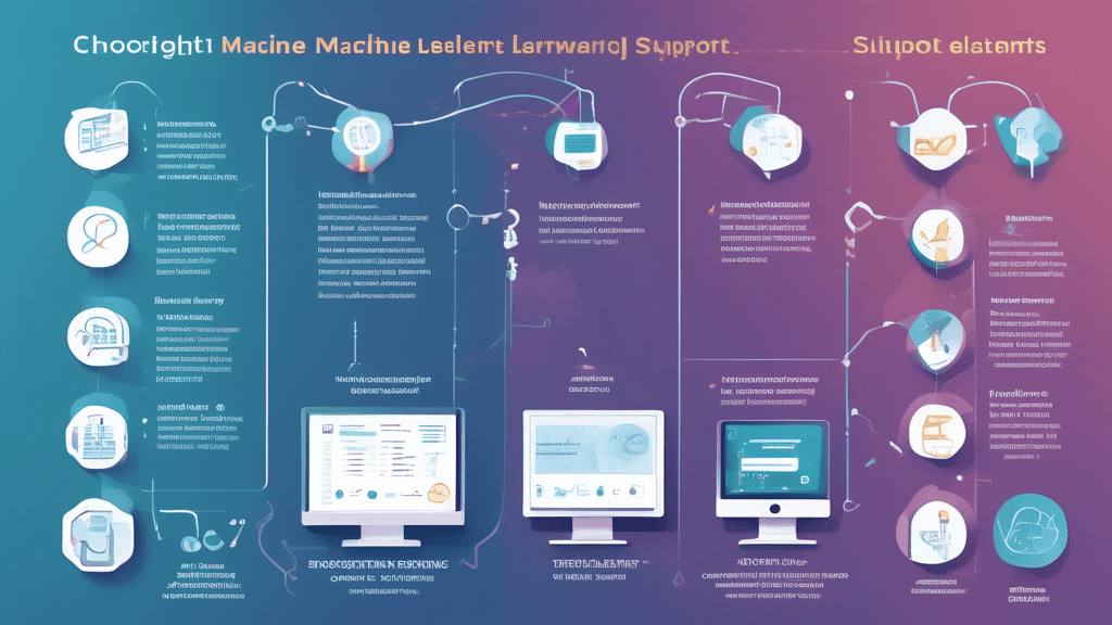 An infographic illustrating the process of choosing the right machine learning software for projects. Include elements such as a checklist for assessing project requirements, a flowchart for evaluating scalability and support options, and visual icons representing testing and trialing software. Emphasize clarity and usability, with a tech-inspired design that features elements related to machine learning, such as neural networks and data analysis graphs.