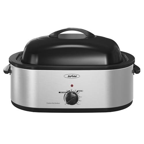 Sunvivi 24lb 20-Quart Roaster Oven, Electric Roaster Oven with Self-Basting Lid, Turkey Roaster with Unique Defrost/Warm Function, Large Roaster with Removable Pan & Rack, Stainless Steel, Silver