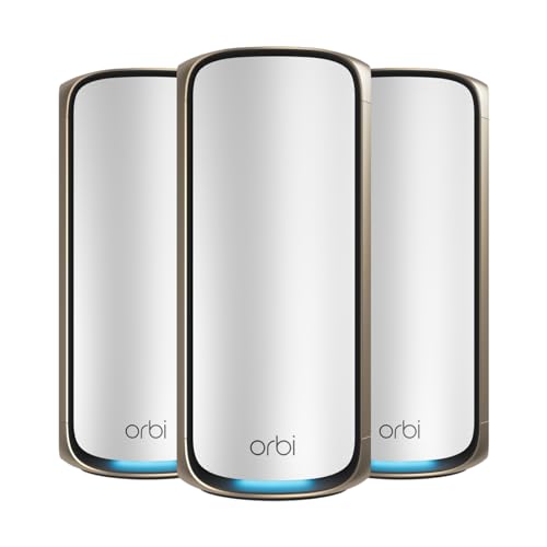 NETGEAR Orbi 970 Series Quad-Band WiFi 7 Mesh Network System (RBE973S), Router + 2 Satellite Extenders, Covers Up to 10,000 sq. ft., 200 Devices, 10 Gig Internet Port, BE27000 802.11be (Up to 27Gbps)