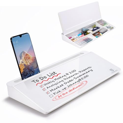 Small Glass Desktop Whiteboard Dry-Erase-Board - Computer Keyboard Stand White Board Surface Pad with Drawer, Desk Organizers with Accessories for Office, Home, School Supplies