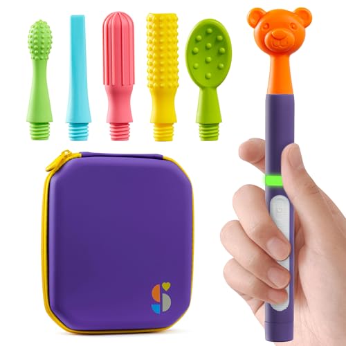 Special Supplies Buzz Buddy Oral Motor Stimulation kit with 6 Soft Textured Interchangeable Heads, Calm Sensory Needs, Support Speech, and Stimulate Self Feeding, Gentle Vibrations (Purple)