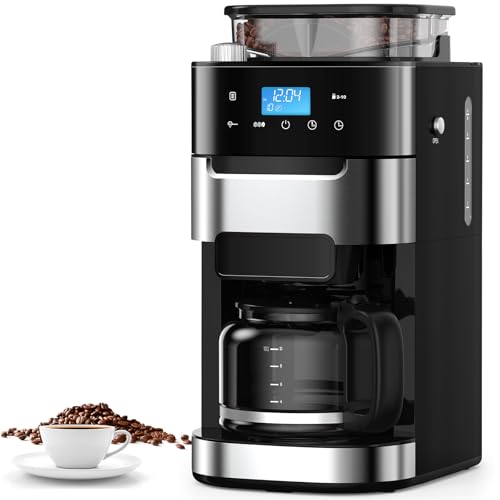 COWSAR 10-Cup Drip Coffee Maker with Built-In Grinder, 24-Hour Programmable, Adjustable Grind & Brew, Keep Warm Plate, 50.7oz Water Reservoir, Ideal for Home & Office - Black