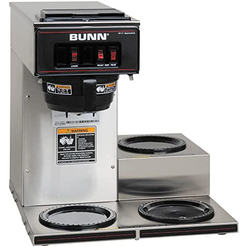 BUNN VP17-3, 12-Cup Low Profile Pourover Commercial Coffee Maker, 3 Lower Warmers, 13300.0003,Silver