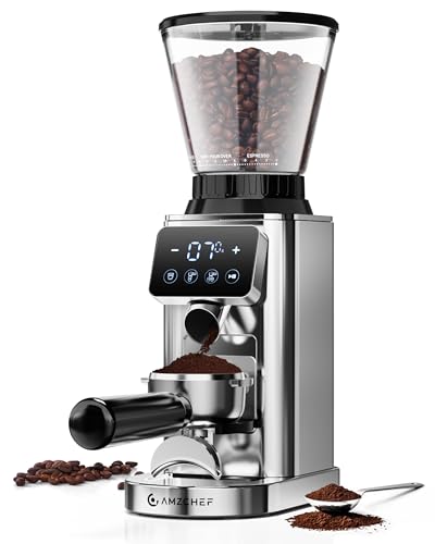 AMZCHEF Coffee Grinder, Coffee Bean Grinder for Home Use with Precise Grinding, LED Control Panel, Detachable Funnel Stand, Anti-static Design, 24 Grind Settings, Silver