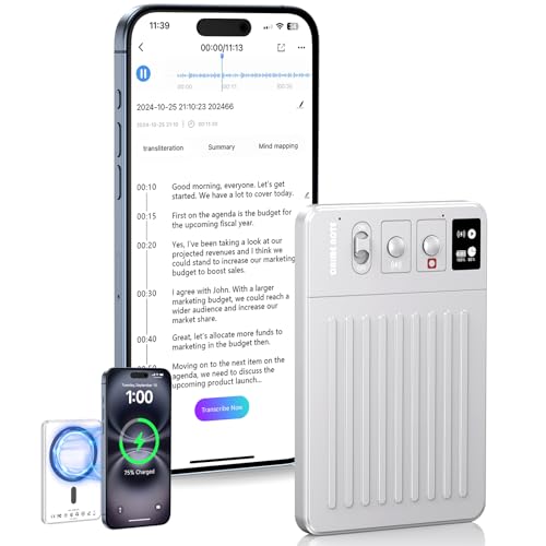 AI Voice Recorder, Voice Recorder with APP Control, No Fee for Transcribe & Summarize Empowered by ChatGPT, Support 107 Languages, 64GB Memory, Audio Recorder for Meetings, Lectures, Calls, Silver