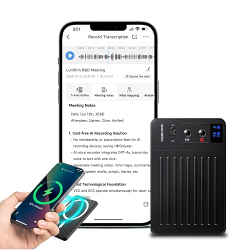 AI Voice Recorder, No Fee for Transcribe & Summarize, Empowered by ChatGPT, App Control Recording Device, Support 107 Languages, 64GB Memory, Audio Recorders for Lectures, Meetings, Calls