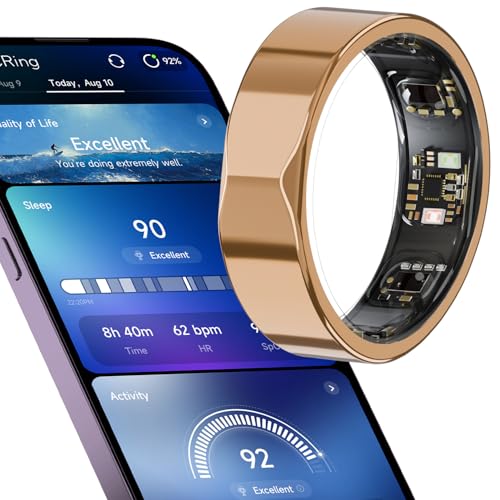 AI Smart Ring JCRing Gen4 Fitness&Sleep Tracking Wearable, Accurate Monitoring of Pedometer, Heart, Temperature, Titanium Ring with Charging Case, APP for iOS & Android(Gold Size10)