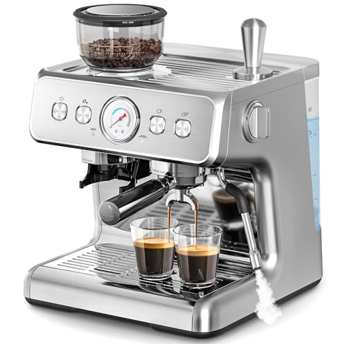 Kismile Espresso Machines with Grinder, 20 Bar Professional Espresso Maker with Milk Frother Steam Wand & Removable Water Tank for Latte and Cappuccino, Espresso Coffee Maker for Home(Stainless Steel)